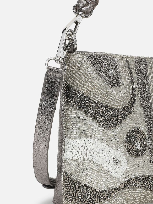 Beaded Threads Leather Handheld - Silver