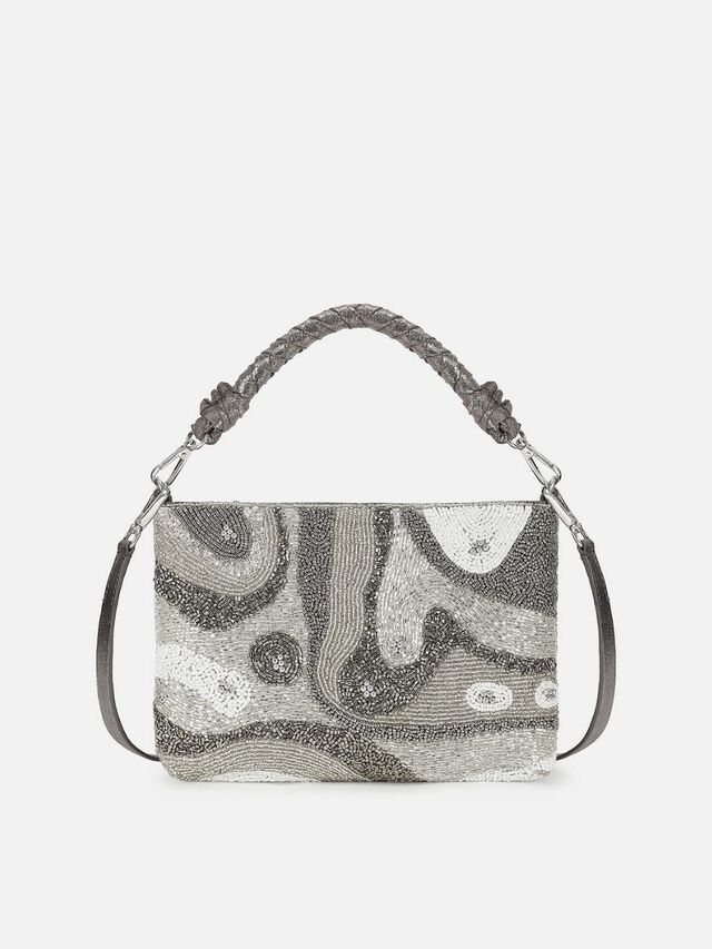 Beaded Threads Leather Handheld - Silver
