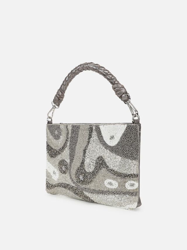 Beaded Threads Leather Handheld - Silver